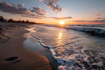 A beautiful beach with waves gently crashing against the shore at sunset