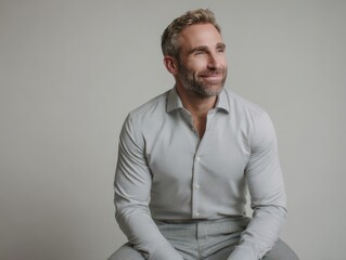 Fototapeta premium Confident man with beard in smart casual attire sitting in studio against neutral background with soft lighting and relaxed expression, showcasing modern elegance