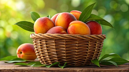 Wicker basket overflowing with vibrant peaches against lush green foliage background, captured in warm golden-hour lighting with cinematic composition, photorealistic highly detailed 4K resolution 
