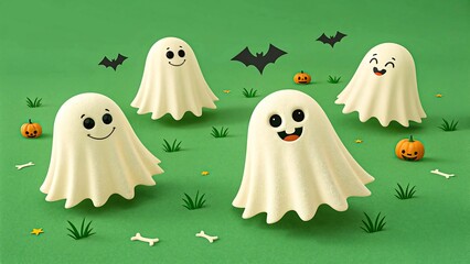 Cute playful Halloween scene with floating cartoon ghosts, pumpkins, bats and grass, cheerful spooky atmosphere in colorful 3D render digital art style 
