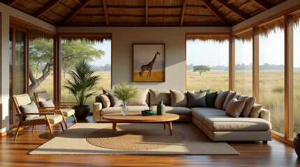 Fototapeta premium Stylish Kenyan safari lodge living room with wood furniture, animal print details, and panoramic savanna views through large windows.