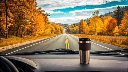 Photorealistic 4K autumn road trip scene from car interior with coffee mug, winding road through vibrant forest and mountains, dynamic composition with highly detailed fall colors and scenic landscape