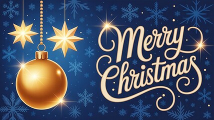 Golden Christmas bauble and stars hanging with “Merry Christmas” text, dark blue background with snowflakes, festive holiday greeting card design – AI-Generated.

