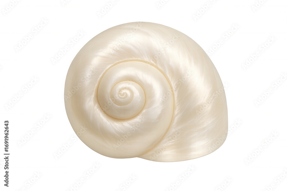 Aufkleber polished pearly white seashell displaying intricate spiral pattern, lying on transparent background,
