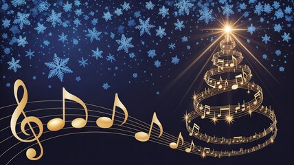 Golden musical notes with Christmas tree made of music symbols, starry night background with snowflakes, festive holiday design – AI-Generated.