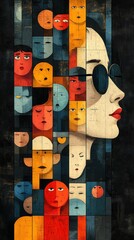 Painting of a woman with many faces on it
