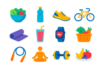 Healthy lifestyle icons with fitness, nutrition, and exercise elements in flat design