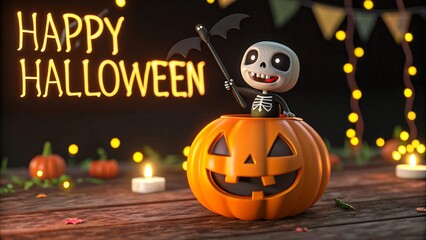 Happy Halloween pumpkin with cute skeleton figure sitting on top, warm lighting, wooden surface, string lights, spooky festive atmosphere, highly detailed realistic 8k image 
