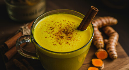 Golden turmeric milk in glass mug with cinnamon stick and fresh turmeric roots on dark wooden surface background healthy warm beverage with spices and vibrant yellow color