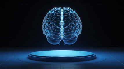Glowing blue holographic human brain model levitating above a futuristic illuminated platform against a dark background