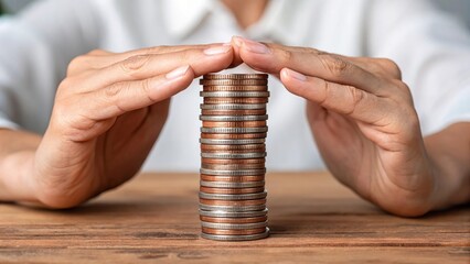 Stack of coins protected by human hands
