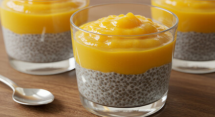 Chia seed pudding topped with vibrant mango puree in clear glass cups served on wooden surface with silver spoon perfect healthy dessert or snack option