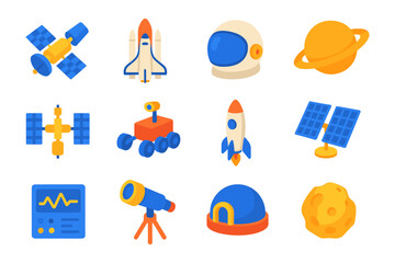 Fototapeta premium Colorful space exploration icons featuring rockets, satellites, and planets in flat design style