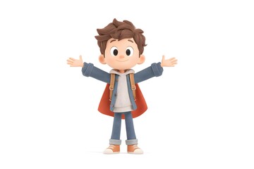 A boy standing with arms open and wearing a superhero-style backpack, confident and happy, 3d animation, isolated on a white background