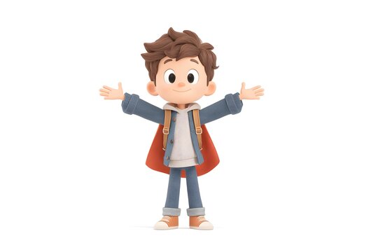 A boy standing with arms open and wearing a superhero-style backpack, confident and happy, 3d animation, isolated on a white background - Powered by Adobe