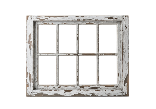 Distressed white vintage wood window frame, peeling paint, aged wood, six clear panes, transparent studio background, copy space, concept of nostalgic decay