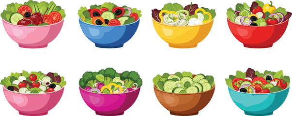 Vector illustration of colorful fresh vegetable salad bowls with tomatoes, cucumbers, olives, onions, leafy greens, healthy eating and diet concept.