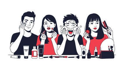 Diverse group of young adults applying makeup and skincare products with exaggerated expressions of surprise and excitement in a modern studio setting