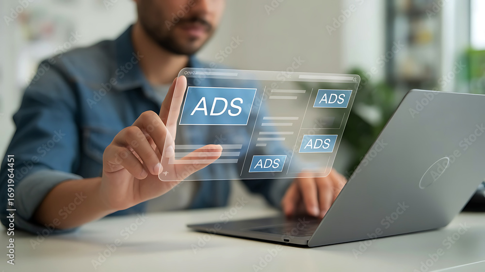 Poster man s hand touching digital screen with ads icon and data analytics on a laptop in modern office set