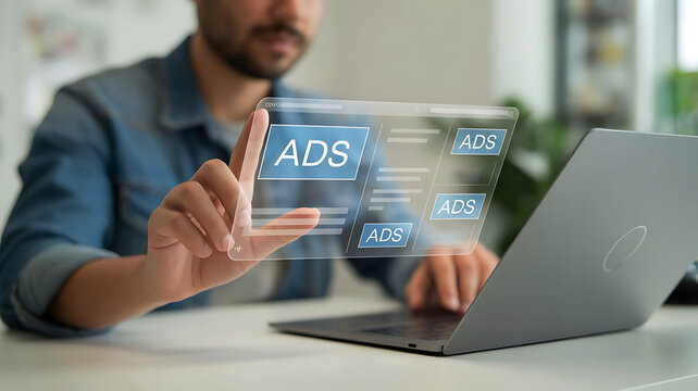 Man s hand touching digital screen with ads icon and data analytics on a laptop in modern office setting - Powered by Adobe