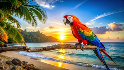 Scarlet Macaw at Sunset on Tropical Beach