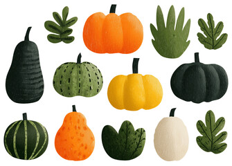 Set of cute hand drawn pumpkins and plants, textured Thanksgiving or Halloween decoration elements, Transparent background, PNG