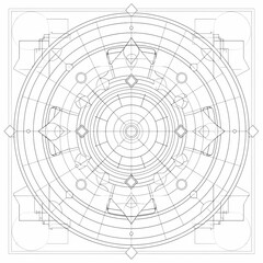 Obraz premium Minimalist flat black-and-white outline of complex geometrical design, featuring circular, square, and diamond shapes Generative AI
