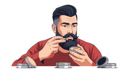 Modern stylish man with a well groomed beard and mustache applying beard balm from a tin with grooming tools nearby on a white background