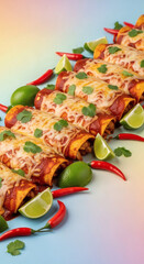 Fototapeta premium Delicious Row of Cheesy Enchiladas with Sauce and Garnish on a Gradient Background