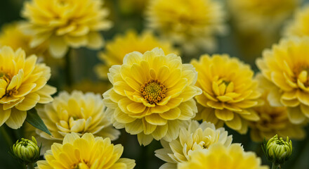 Vibrant yellow chrysanthemums bloom creating a cheerful, natural garden backdrop for spring.