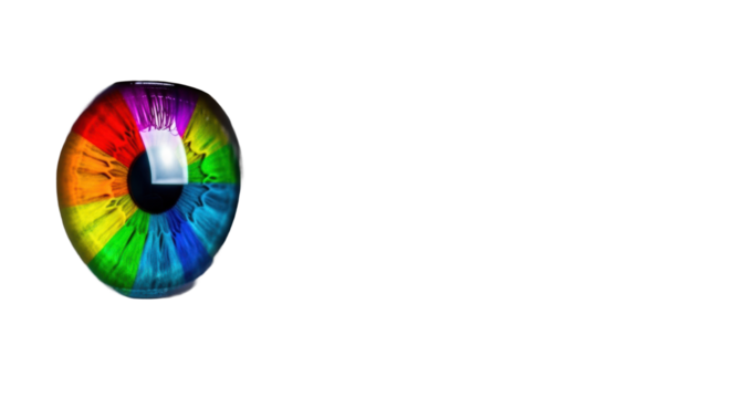 Extreme close-up of a human eye, side profile, with a vivid rainbow iris and grayscale sclera and detailed eyelashes, isolated on a bright white background with copy space. Concept of digital vision