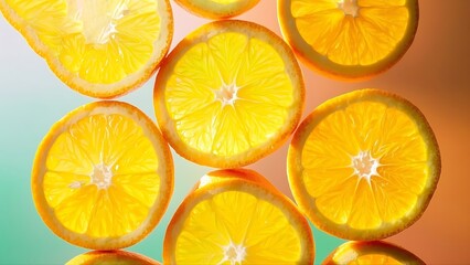 Obraz premium Sliced Oranges Arranged in a Stacked Pattern Against a Gradient Background