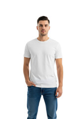 Fototapeta premium Young caucasian male, early 20s, in blank white t-shirt & blue jeans, standing in bright white studio with ample copy space, neutral, hands in pockets. Concept for product mockup and design