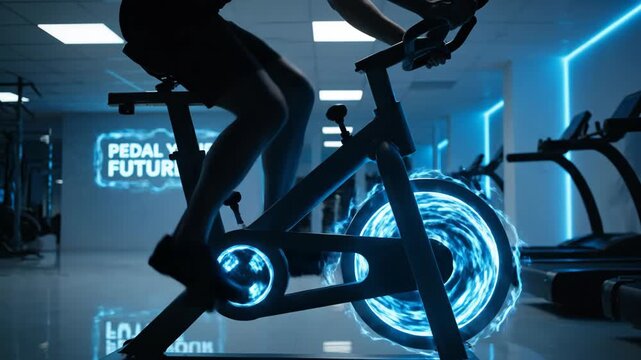 A person rides a futuristic stationary bike with glowing blue lights and special effects in a modern gym.