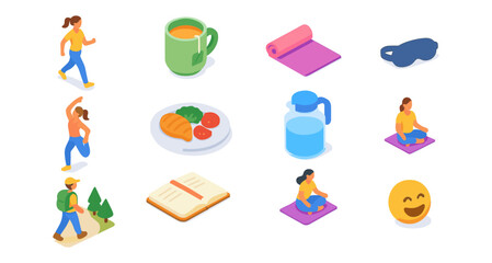Fototapeta premium Isometric healthy lifestyle icons: yoga, hiking, nutrition, fitness, relaxation