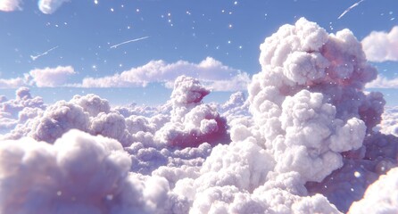 Fluffy cloudscape with pastel hues and starry sky