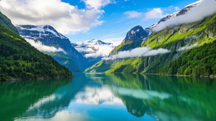 "Summer Solstice"/"Major Heat" Solar Term Norway Fjord with a Waterfall, Snowy Mountains, and a Cruise Ship