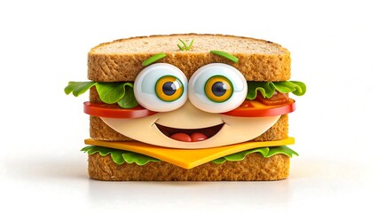 Whimsical cartoon sandwich character with googly eyes and smiling mouth, playful and colorful design, creative detailed illustration in high resolution photorealistic style 
