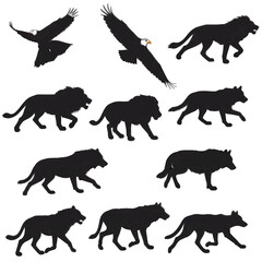 Obraz premium Silhouette of wild animals on, including wolves, lions, and eagles, creating a wildlife scene