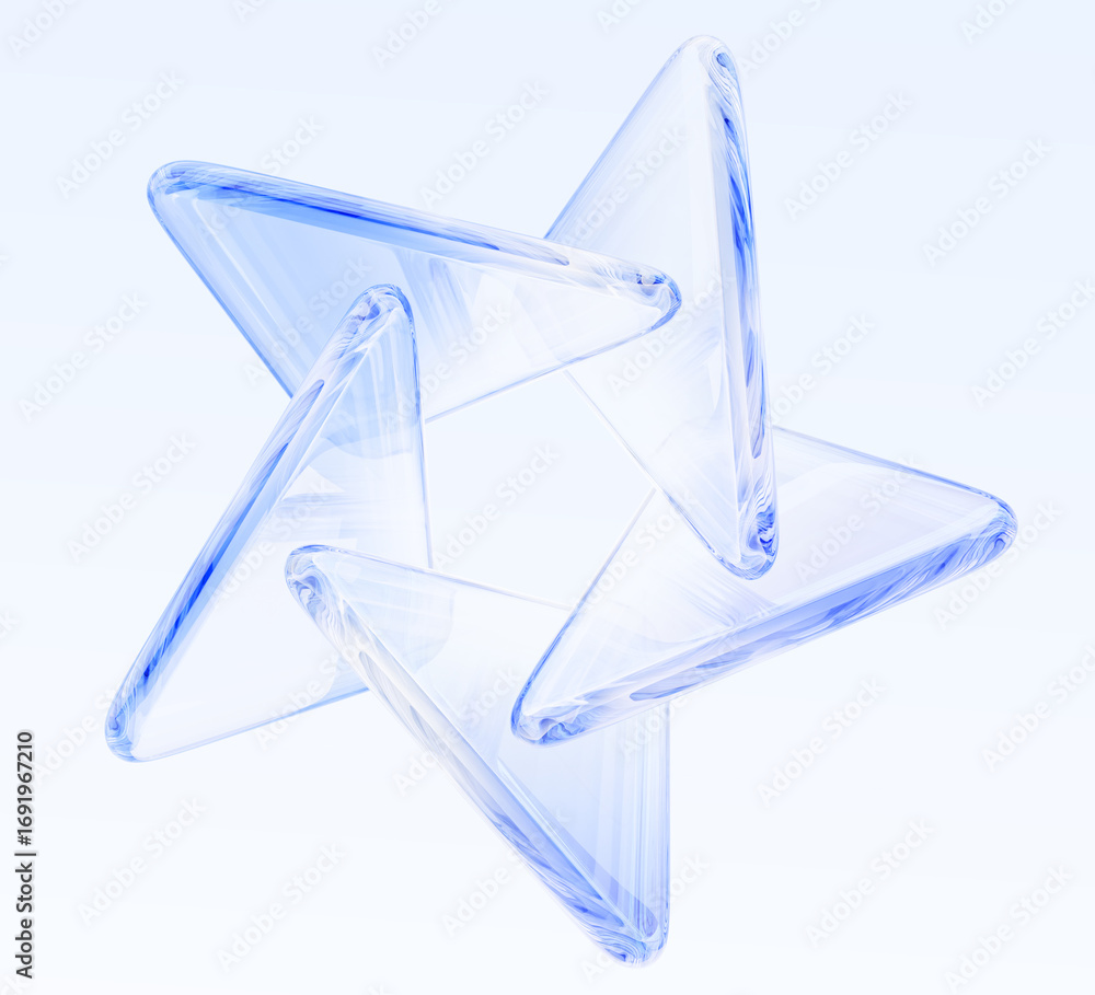 Poster crystal star 3d shape of glass transparent triangle plates on light blue background. clear circle fr