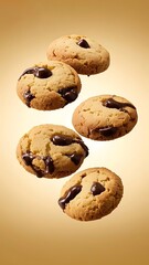 Floating Chocolate Chip Cookies Against a Warm Background