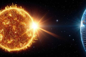 Fiery sun and Earth in space