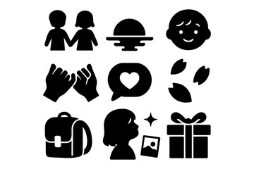 Silhouette icons set: people, communication, nature, and objects