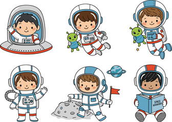 Cute children astronauts with green alien plush toys exploring space, planting flags, reading books, and waving in colorful cartoon vector illustrations