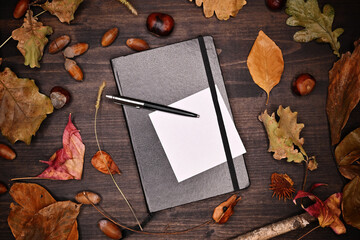 Notebook, pencil and note paper over autumn season flat lay arrangement