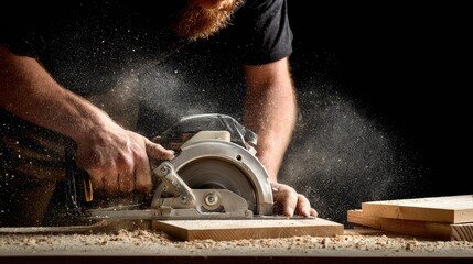 Close-up of a carpenter using a circular saw to cut wood.