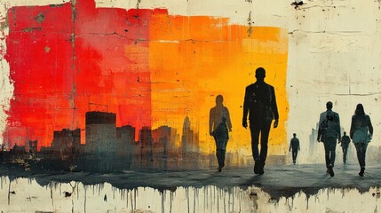 Painting of a group of people walking in front of a city
