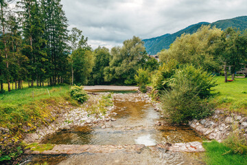 Calm Ribnica river flowing through Bohinj valley in Slovenia on an overcast summer day, surrounded...