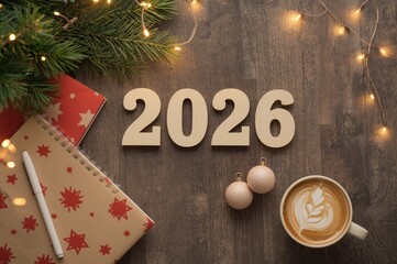 New Year 2026 celebration with festive notebooks, ornaments, coffee, and holiday lights on wooden background – AI-Generated.
