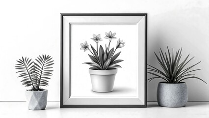 Black and white minimalist botanical photography of succulent plants in pots with sharp focus, natural lighting and high contrast, modern home decor fine art print with clean aesthetic 

